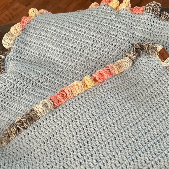 Blue Textured Knit Blanket with Ruffled Edge - Picture 2 of 2